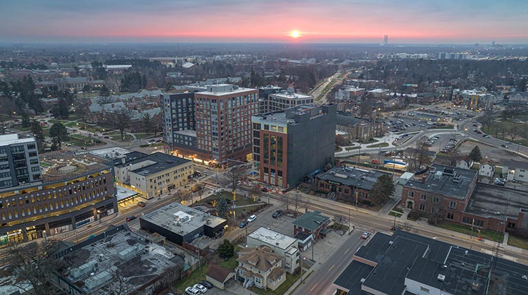 Aerial view of downtown East Lansing