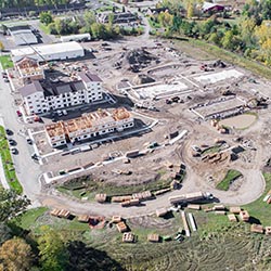 Aerial photograph of an apartment complex under construction